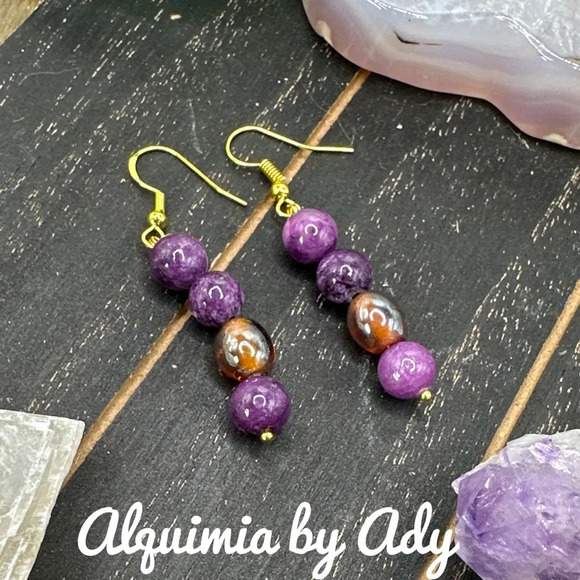 Chunky Purple turquoise dangle gold bon bon boho earrings - Picture 1 of 6